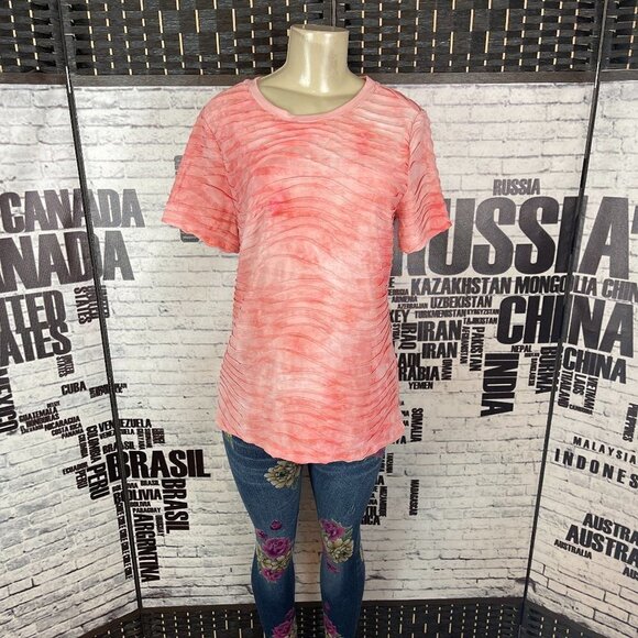 H By Halston M Coral Textured Wave Pattern Crew Neck Short Sleeve Tee - Picture 1 of 5